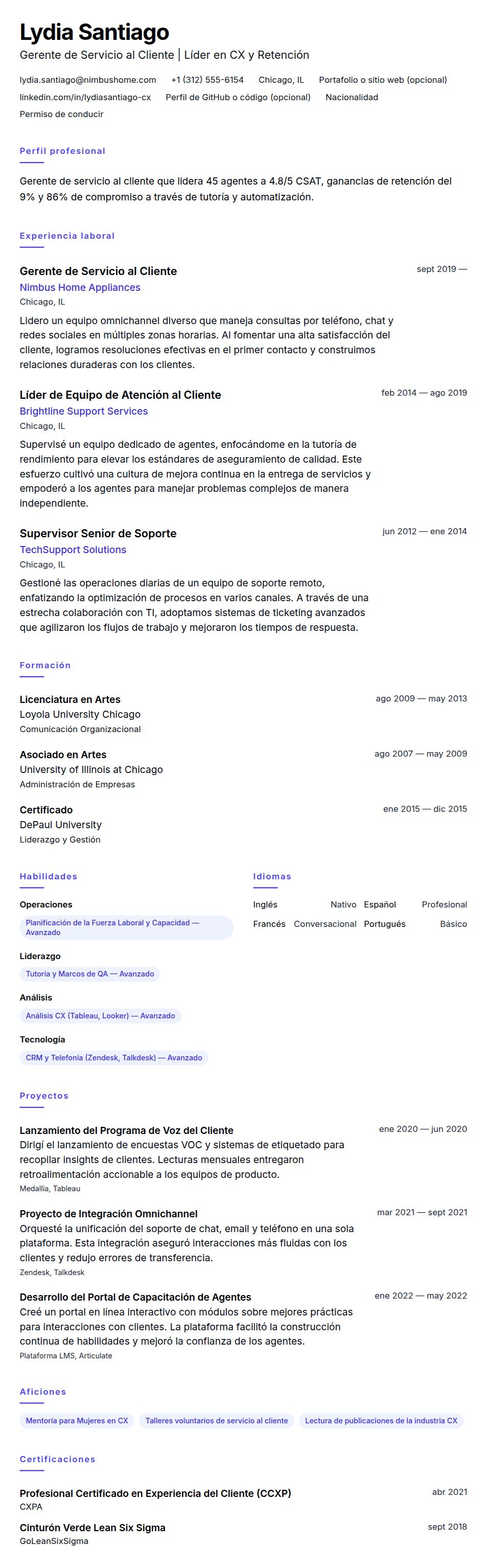Ejemplo de Currículum de Gerente de Servicio al Cliente