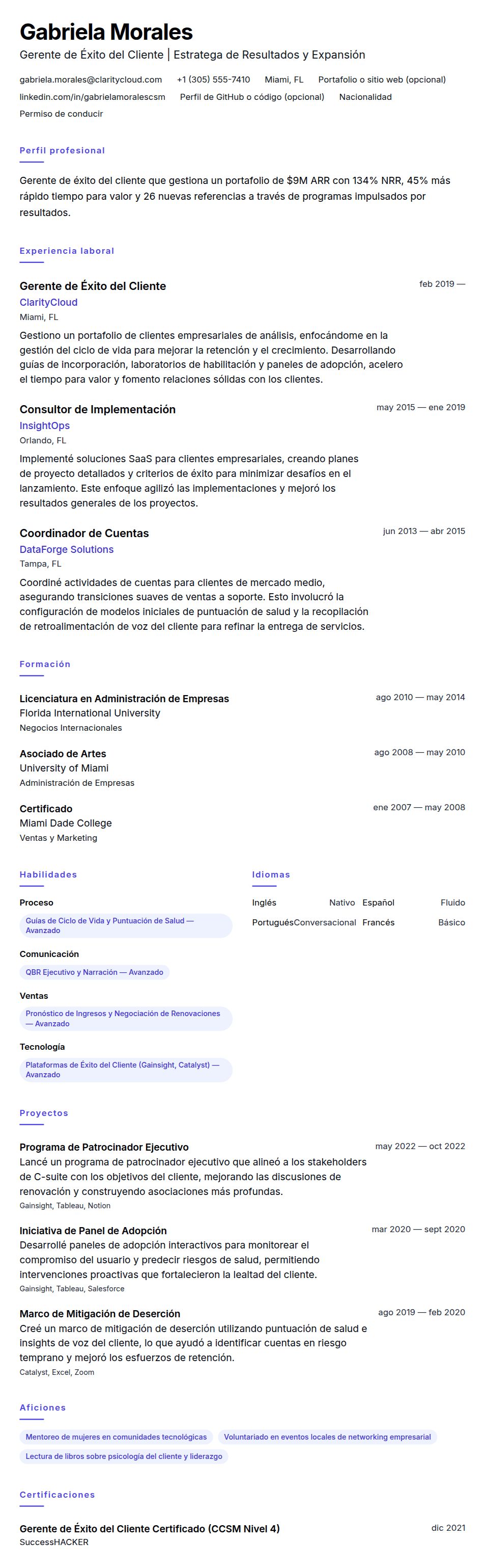 Ejemplo de Currículum de Gerente de Éxito del Cliente