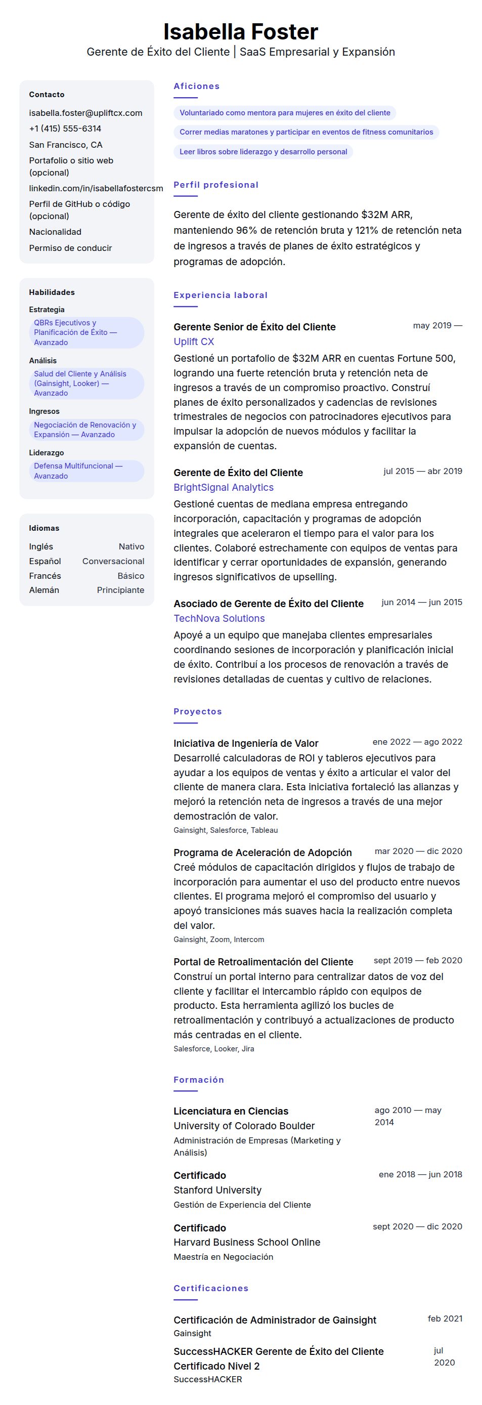 Vista previa del currículum Ejemplo de Currículum de Gerente de Éxito del Cliente