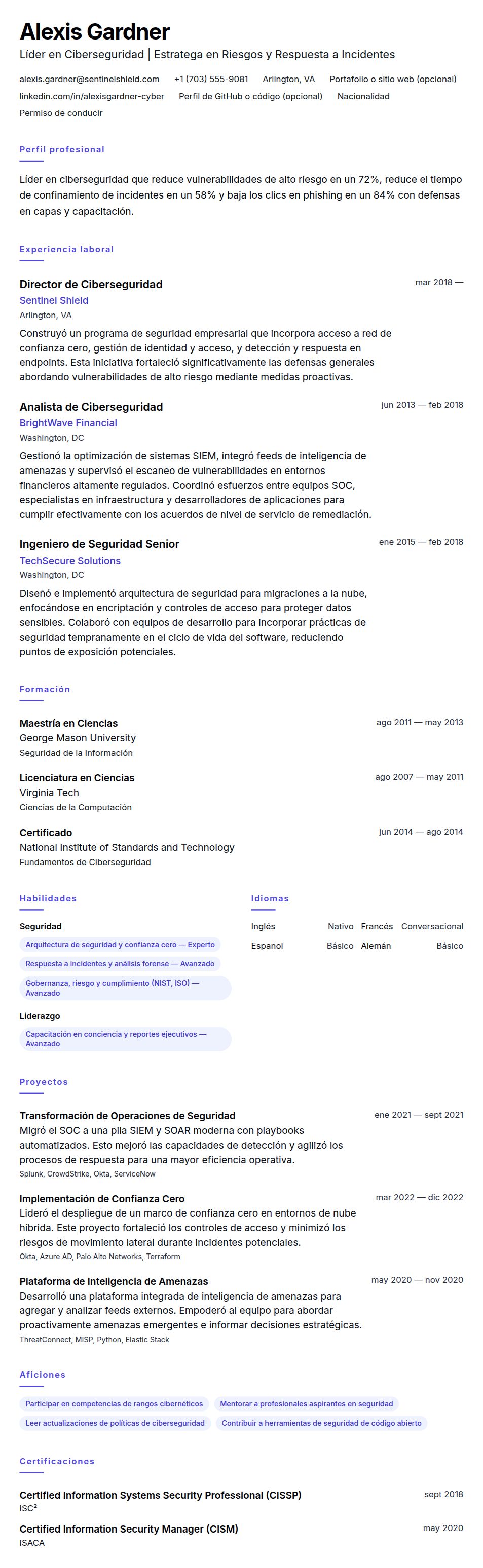 Vista previa del currículum Ejemplo de Currículum de Profesional en Ciberseguridad