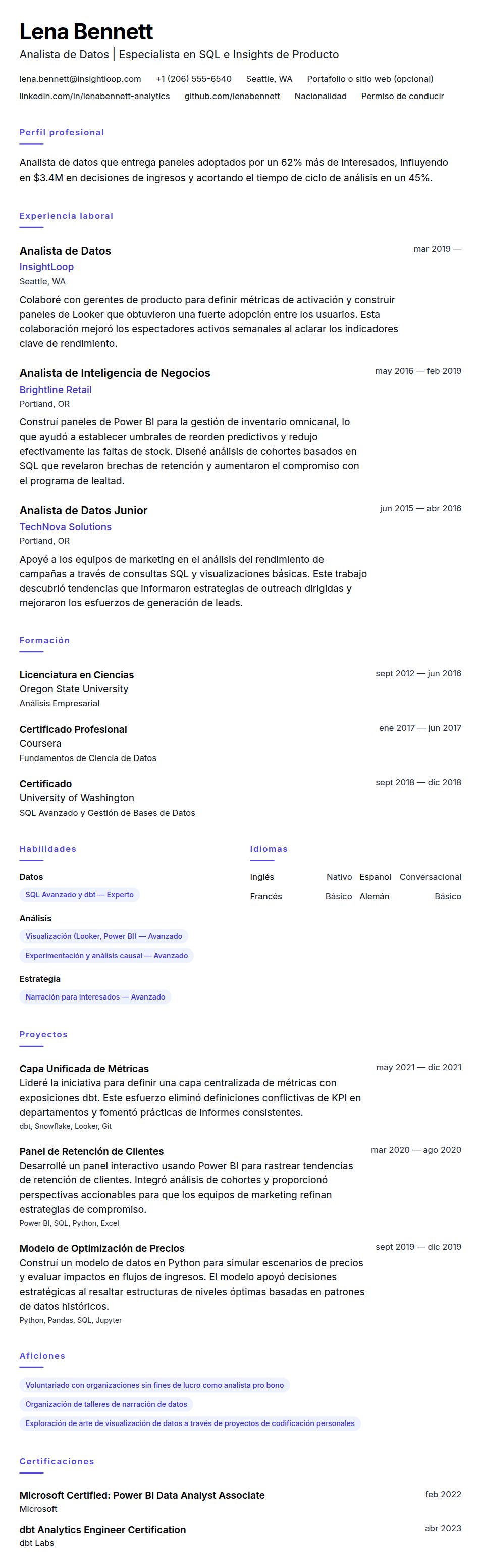 Vista previa del currículum Ejemplo de Currículum de Analista de Datos