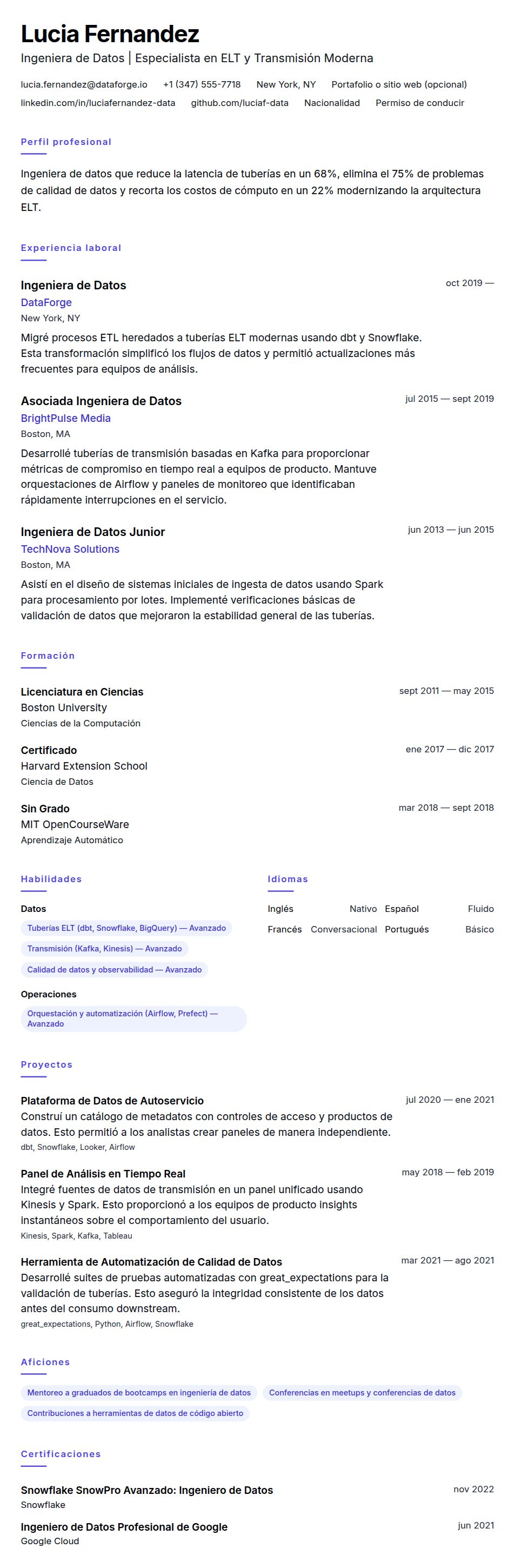 Ejemplo de Currículum de Ingeniero de Datos