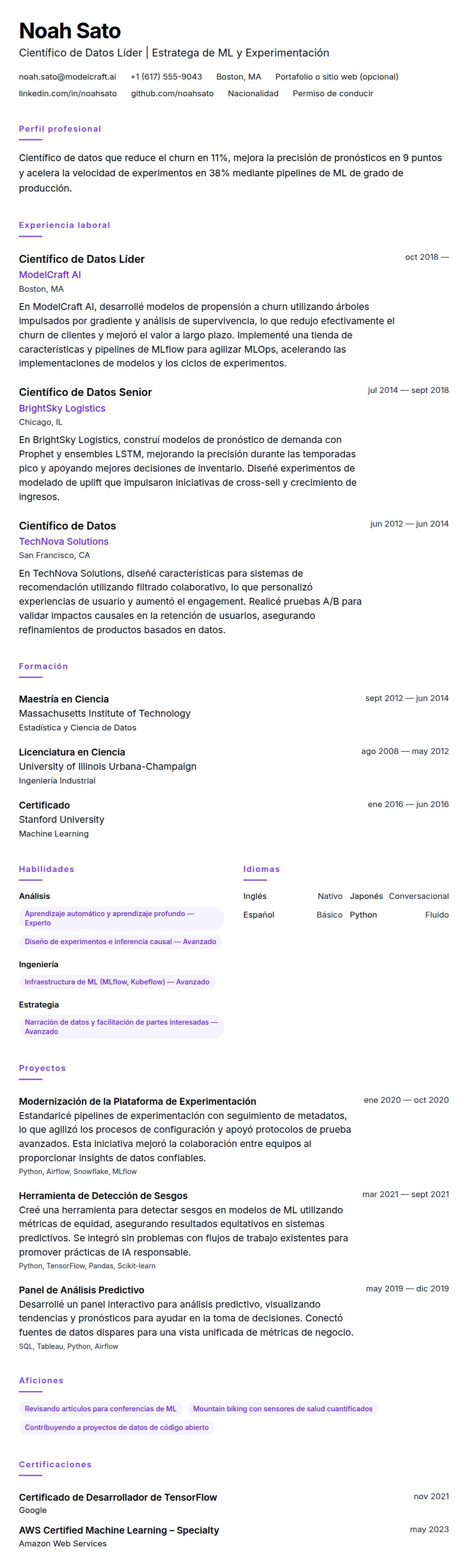 Vista previa del currículum Ejemplo de Currículum de Científico de Datos