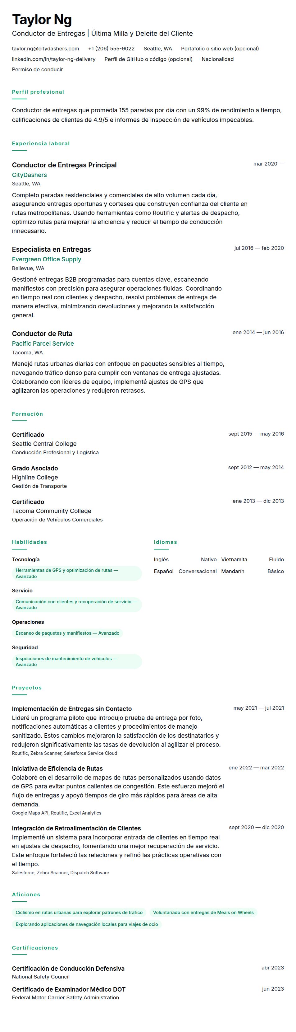 Vista previa del currículum Ejemplo de Currículum de Conductor de Entregas