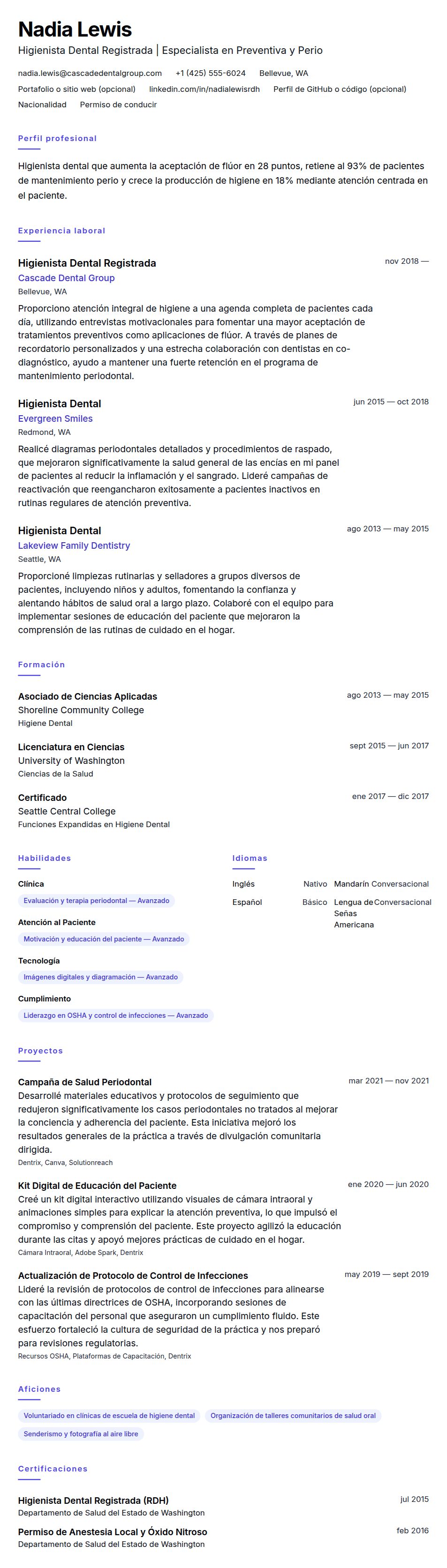 Vista previa del currículum Ejemplo de Currículum de Higienista Dental