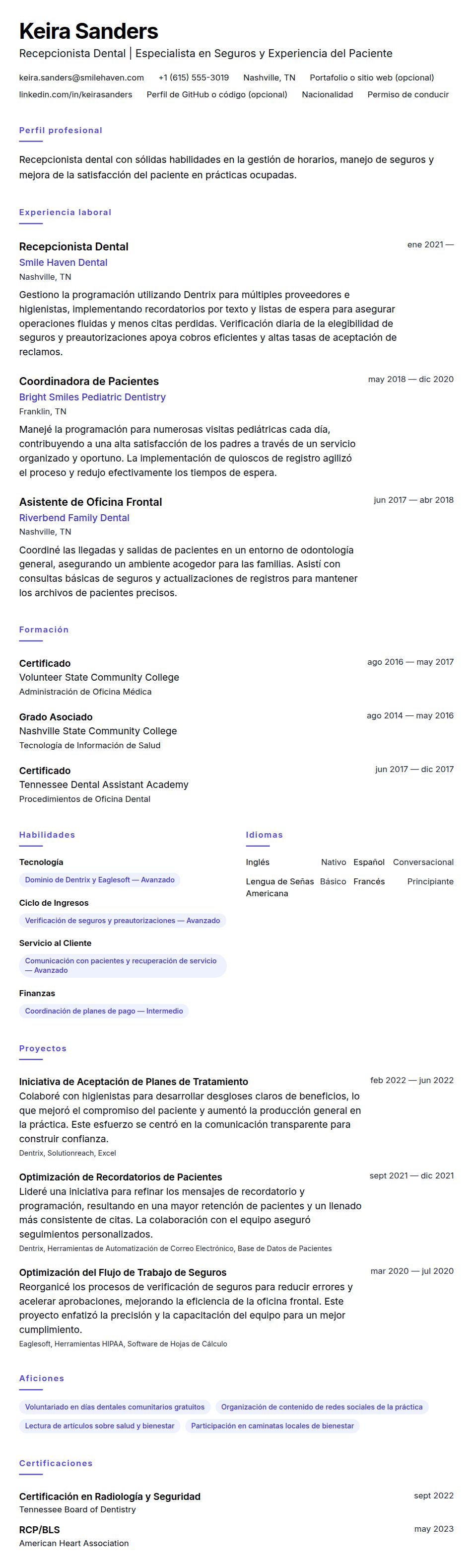 Vista previa del currículum Ejemplo de Currículum de Recepcionista Dental