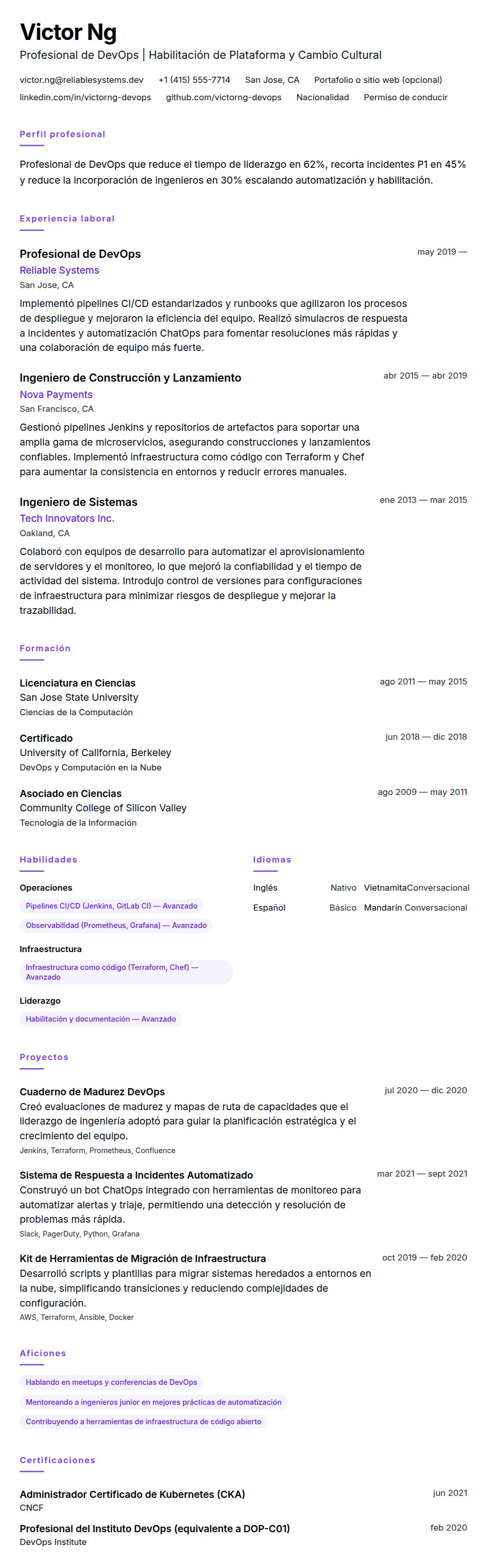 Vista previa del currículum Ejemplo de Currículum de Profesional de DevOps