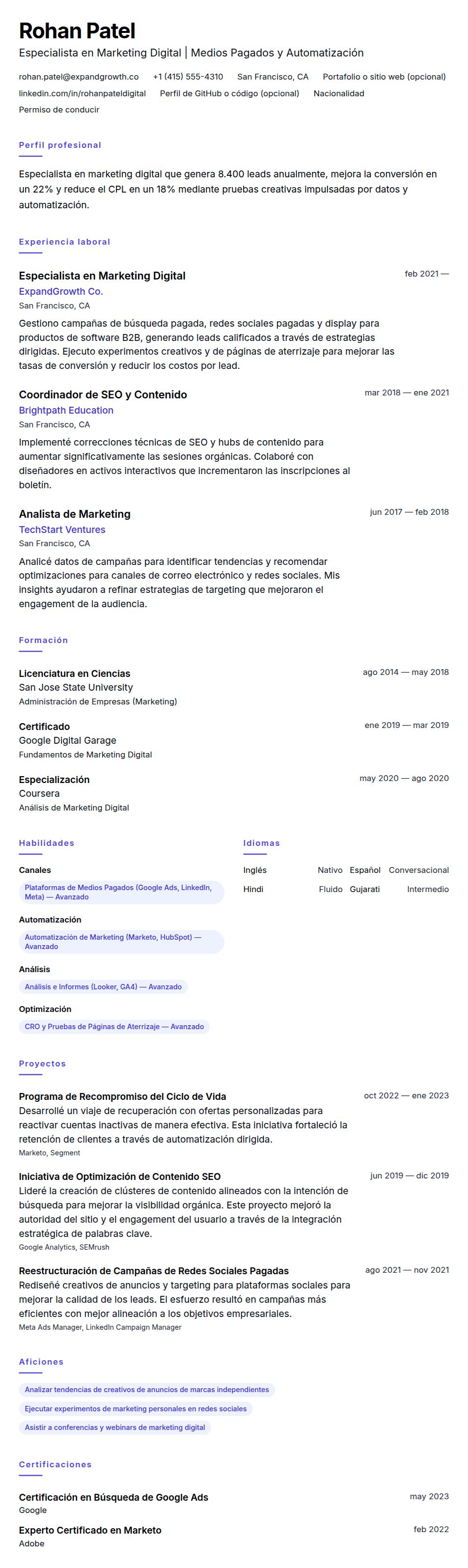 Vista previa del currículum Ejemplo de Currículum de Especialista en Marketing Digital