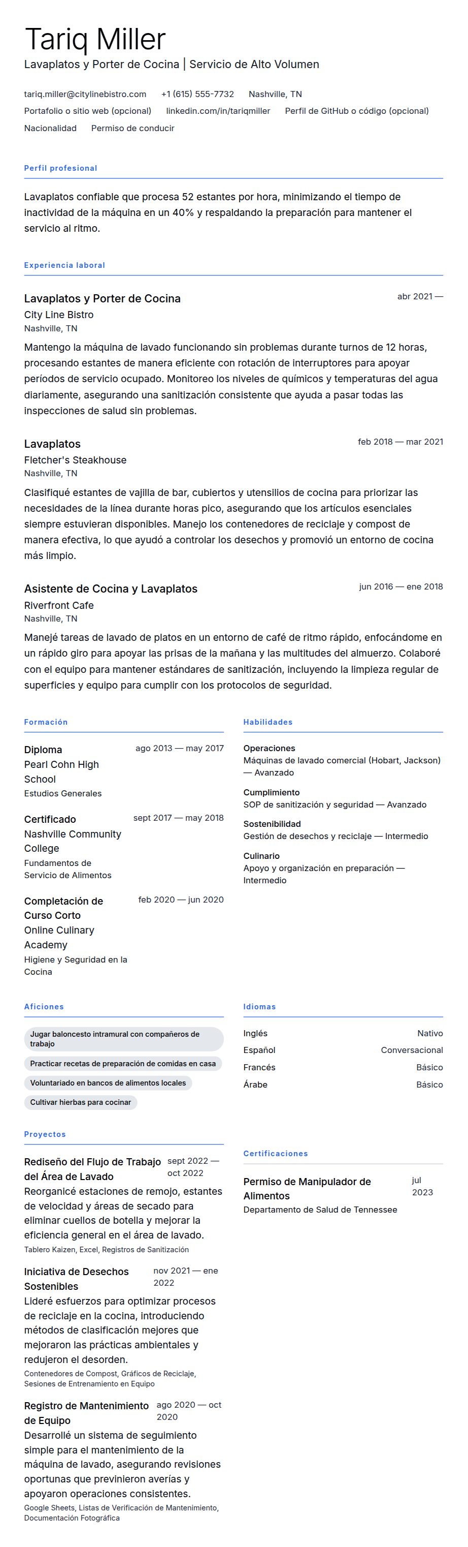 Vista previa del currículum Ejemplo de Currículum de Lavaplatos