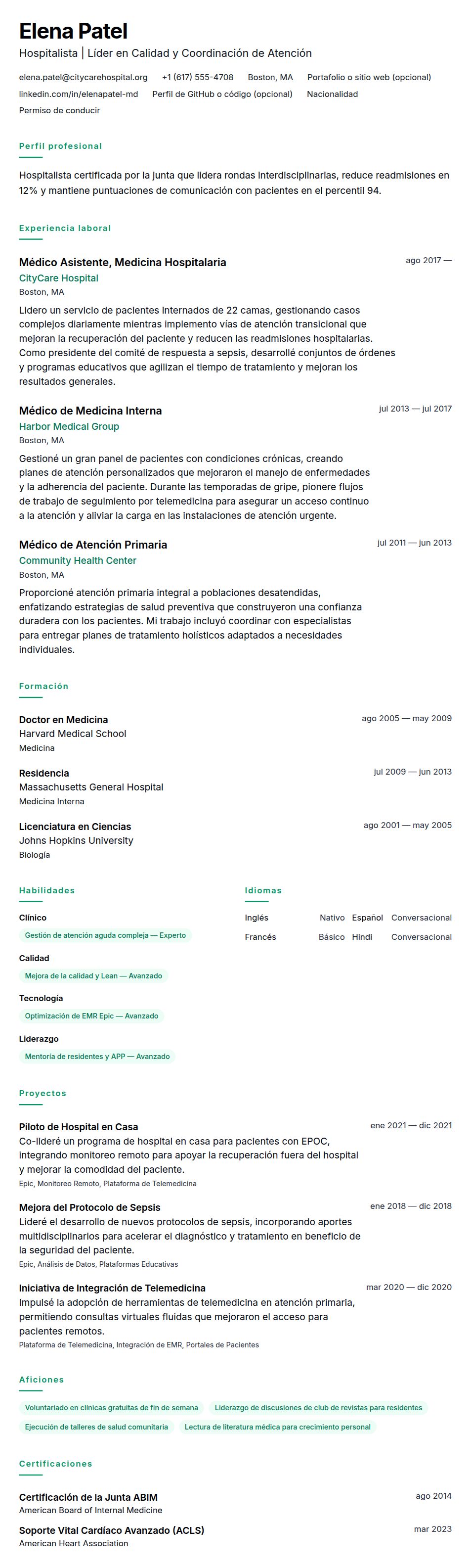 Vista previa del currículum Ejemplo de Currículum de Médico