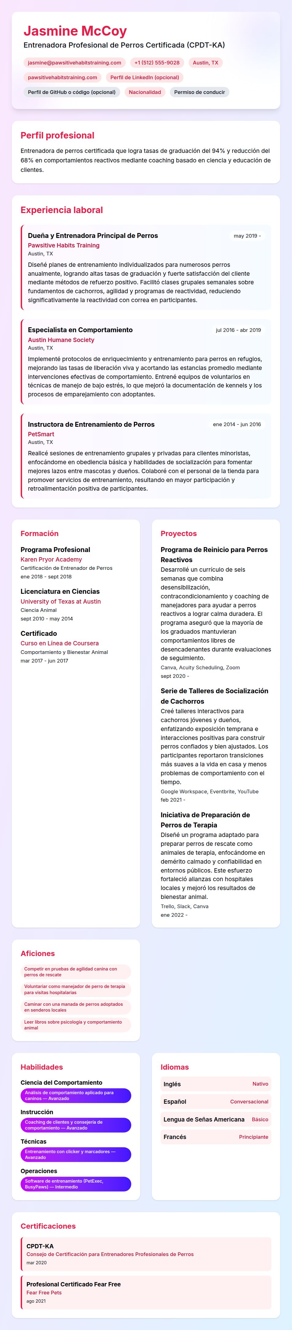 Vista previa del currículum Ejemplo de Currículum de Entrenador de Perros