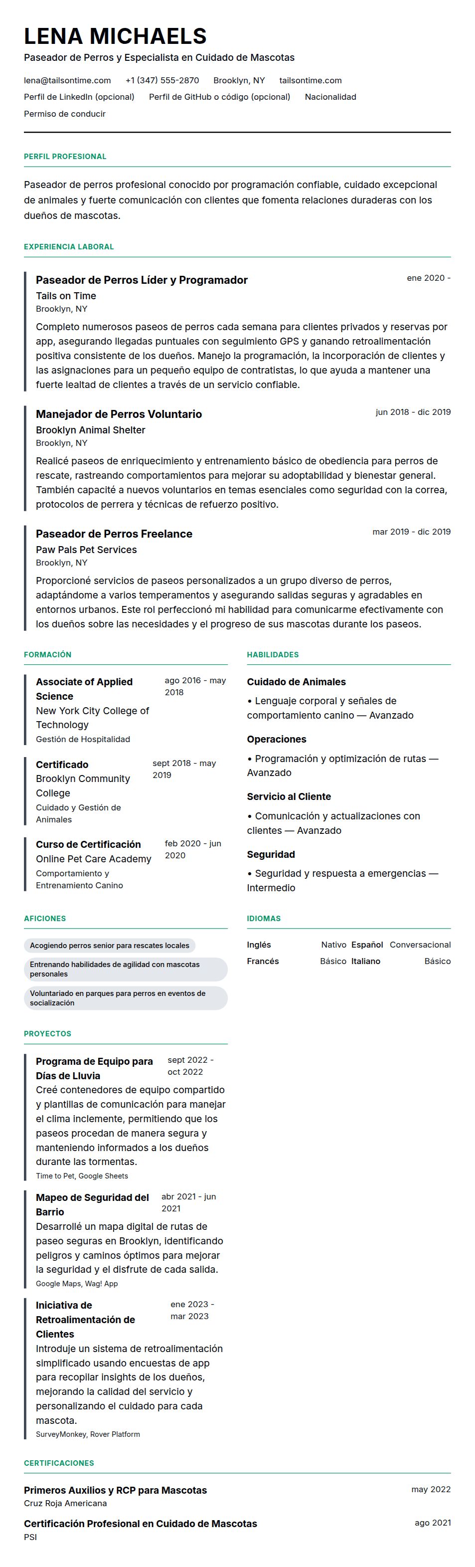 Vista previa del currículum Ejemplo de Currículum de Paseador de Perros