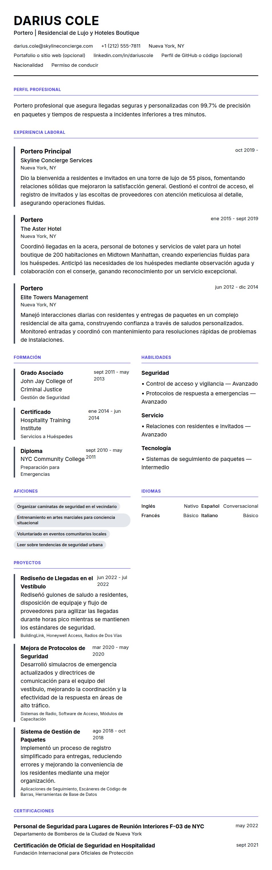 Vista previa del currículum Ejemplo de Currículum de Portero