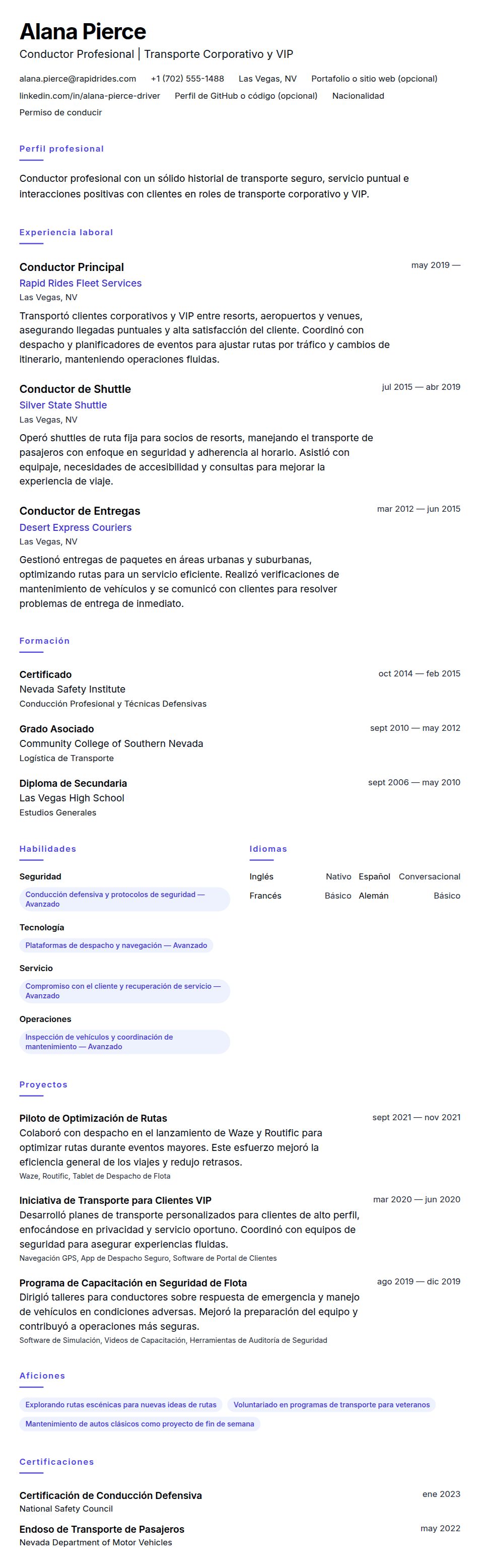 Vista previa del currículum Ejemplo de Currículum de Conductor