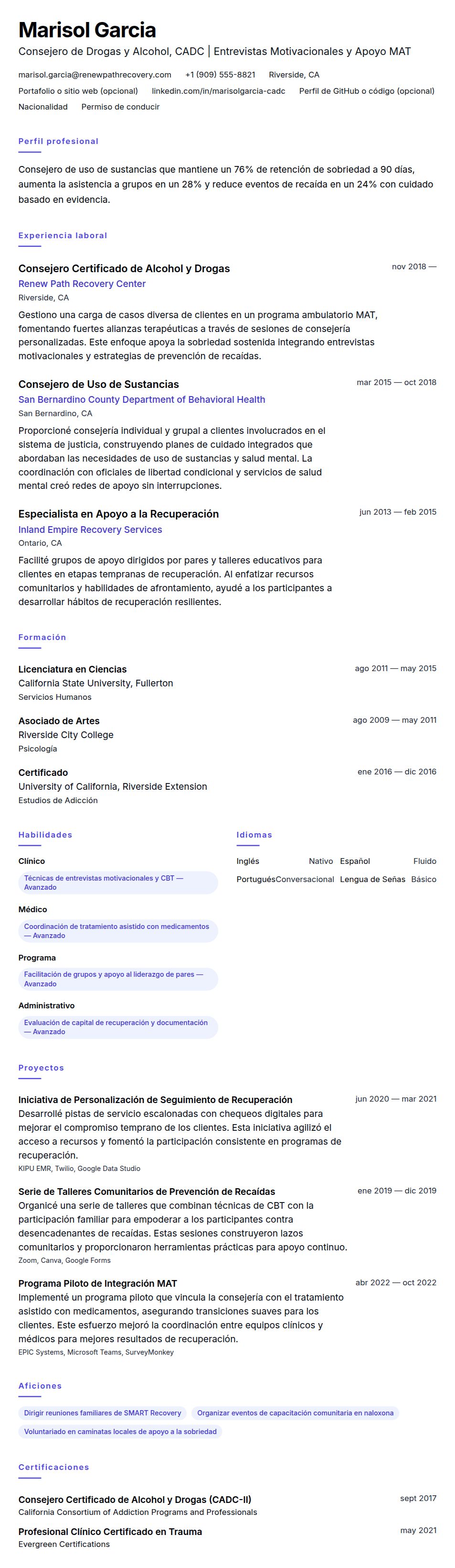 Ejemplo de Currículum de Consejero de Drogas y Alcohol