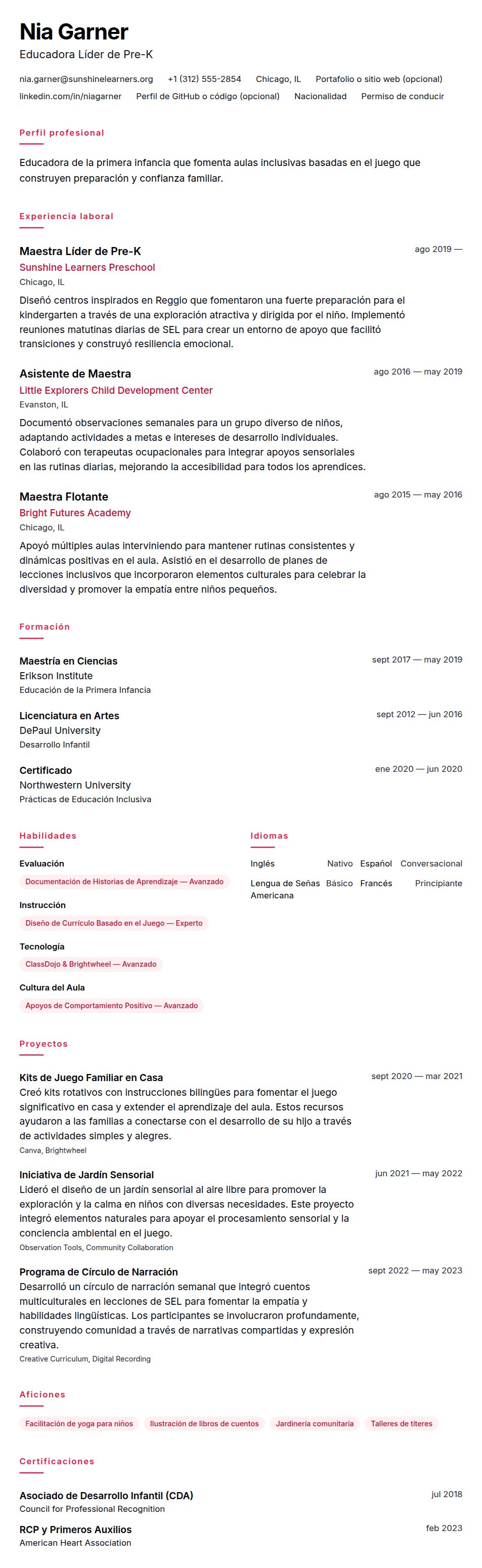Vista previa del currículum Ejemplo de Currículum de Educador de la Primera Infancia