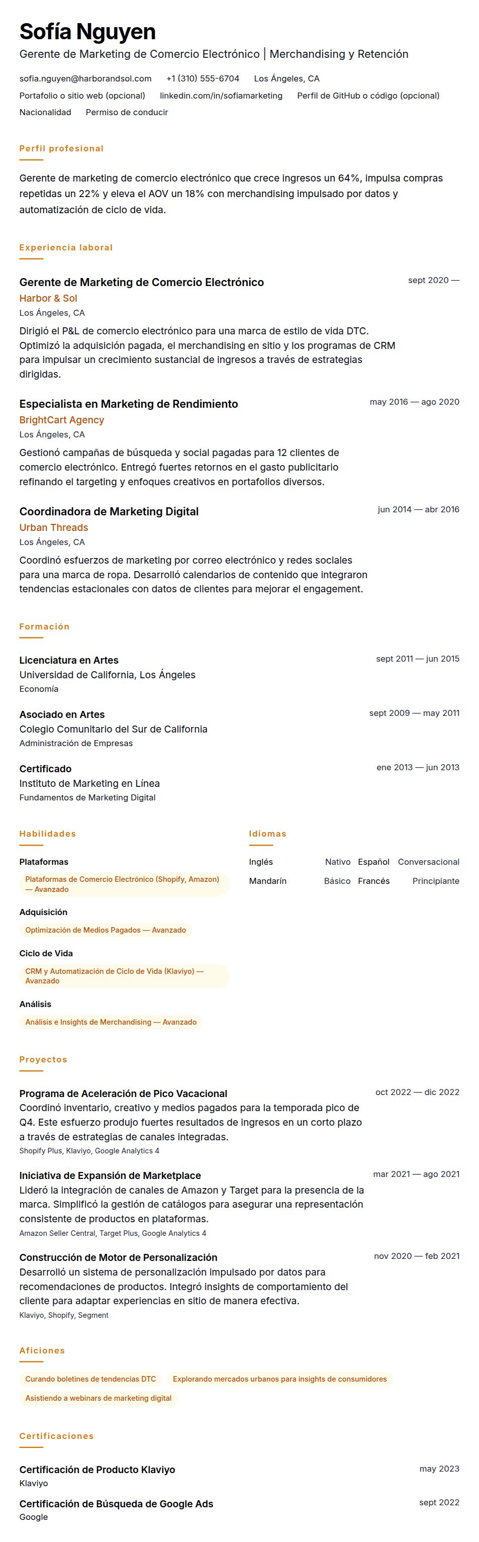 Vista previa del currículum Ejemplo de Currículum de Gerente de Marketing de Comercio Electrónico