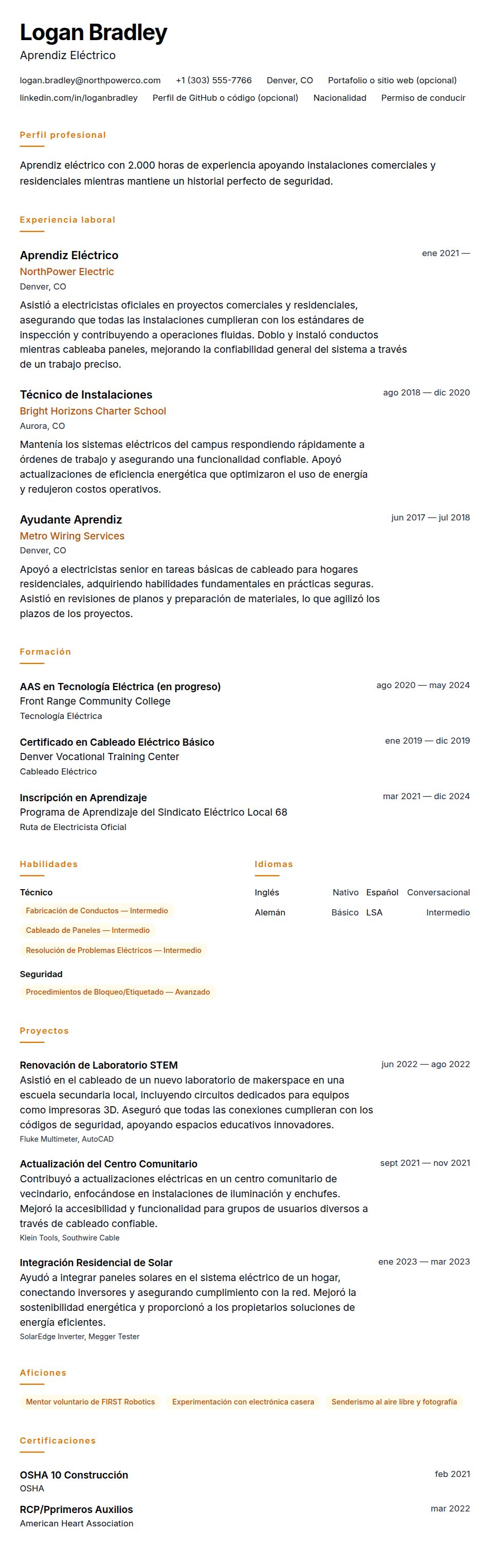 Vista previa del currículum Ejemplo de Currículum de Aprendiz de Electricista
