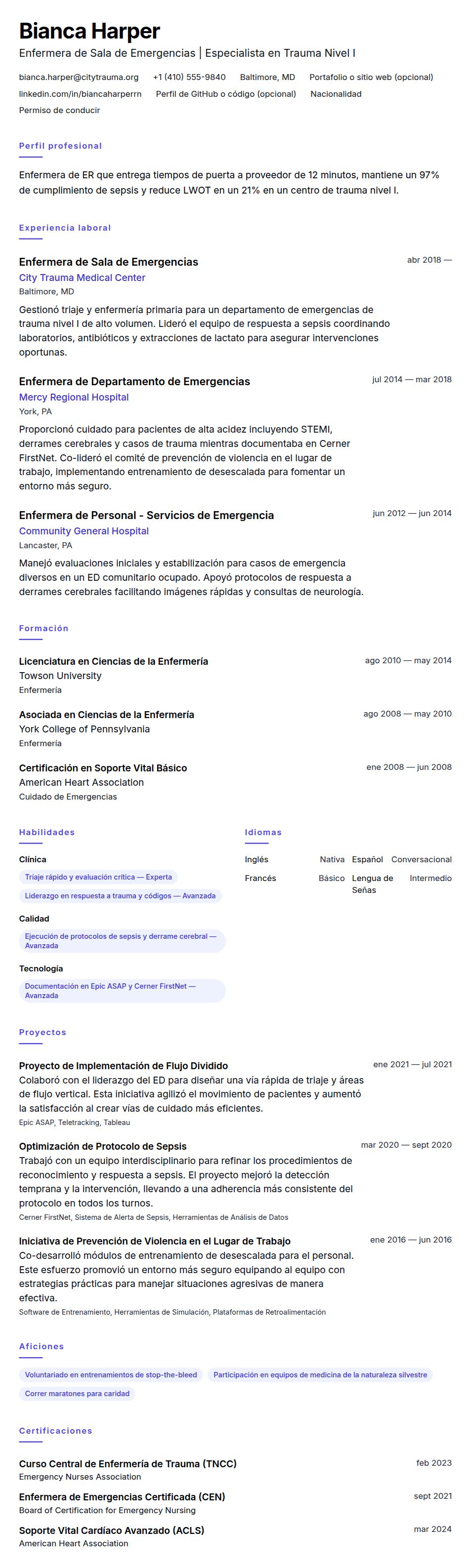 Vista previa del currículum Ejemplo de Currículum de Enfermera de Sala de Emergencias (ER)
