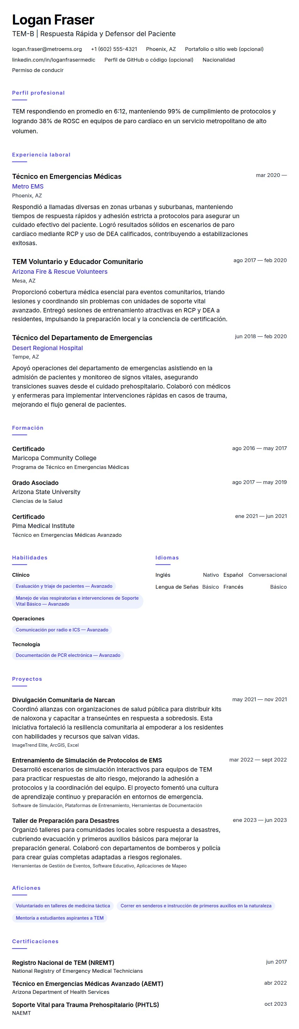 Vista previa del currículum Ejemplo de Currículum de Técnico en Emergencias Médicas (TEM)
