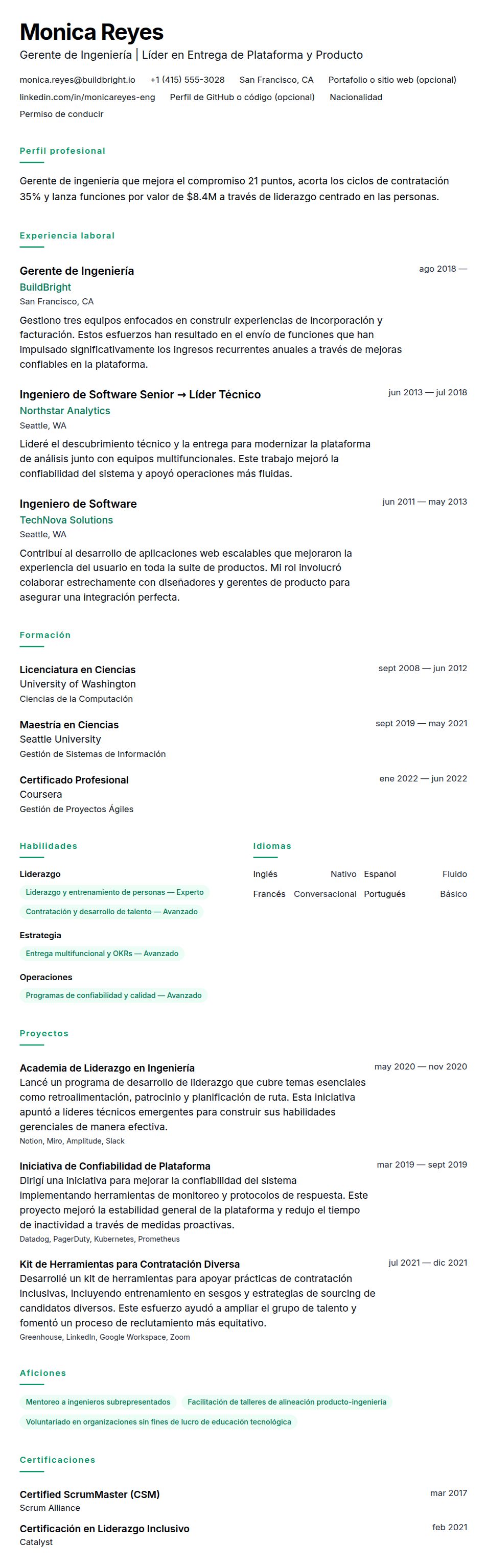 Vista previa del currículum Ejemplo de Currículum de Gerente de Ingeniería