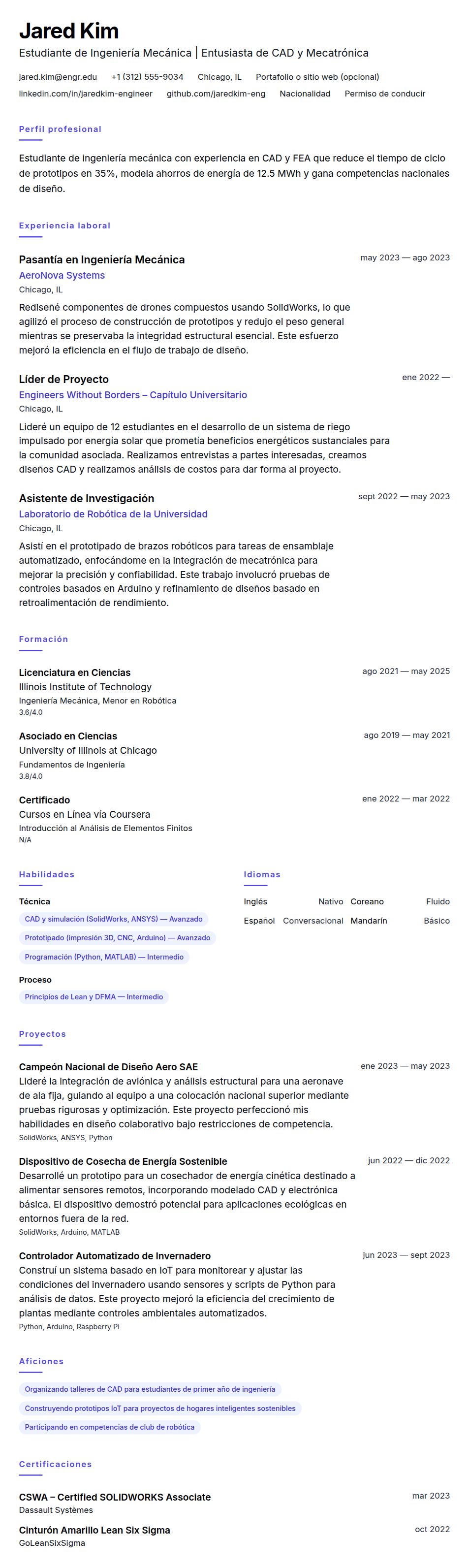 Vista previa del currículum Ejemplo de Currículum para Estudiante de Ingeniería