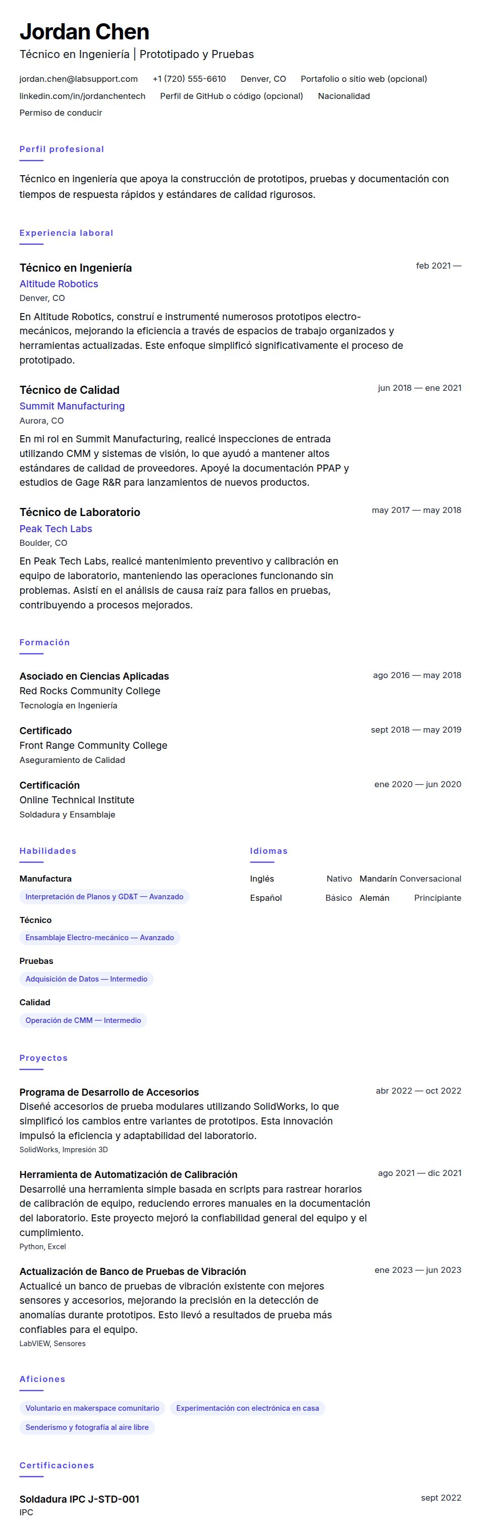 Ejemplo de Currículum de Técnico