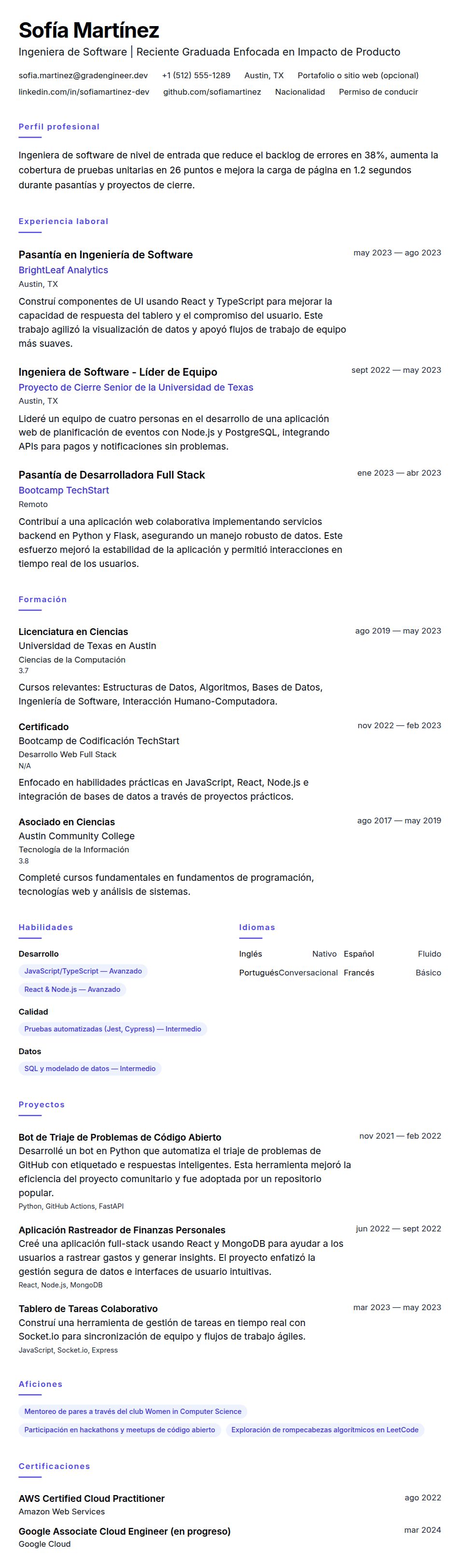 Vista previa del currículum Ejemplo de Currículum de Ingeniero de Software de Nivel de Entrada