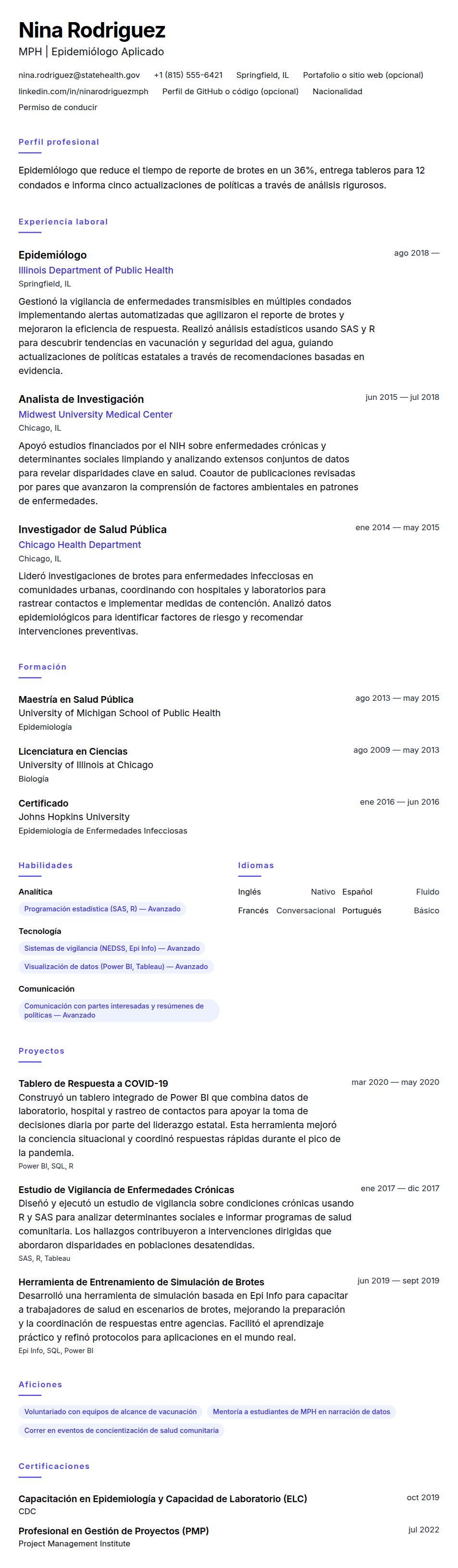 Vista previa del currículum Ejemplo de Currículum de Epidemiólogo