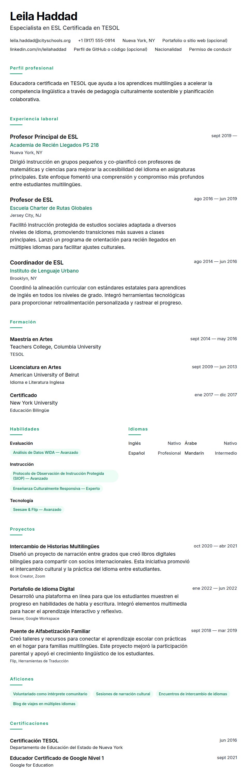 Vista previa del currículum Ejemplo de Currículum de Profesor de ESL