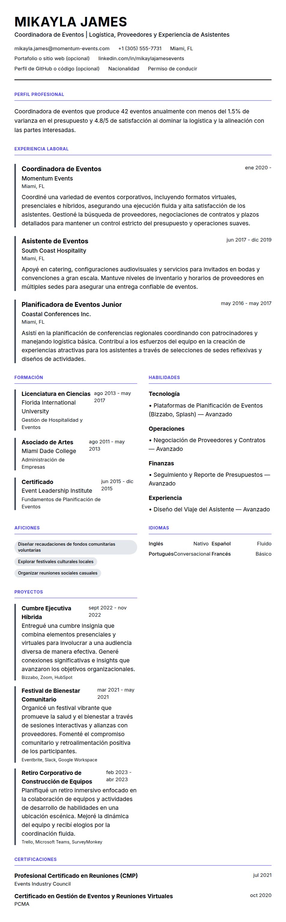 Vista previa del currículum Ejemplo de Currículum de Coordinador de Eventos
