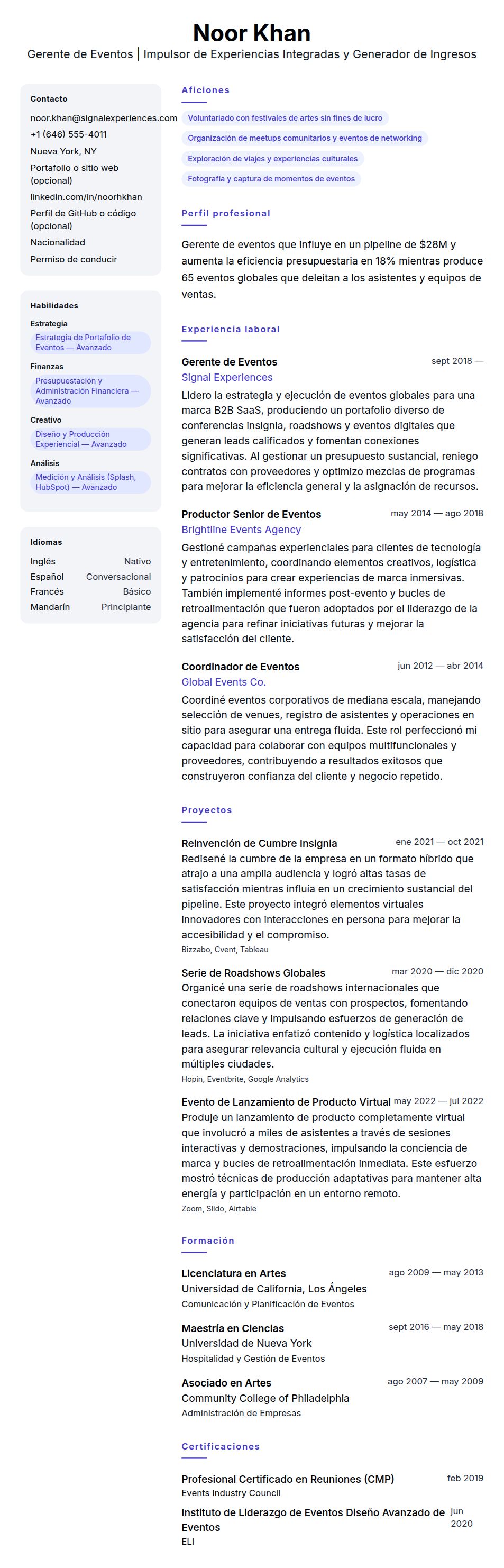 Vista previa del currículum Ejemplo de Currículum de Gerente de Eventos