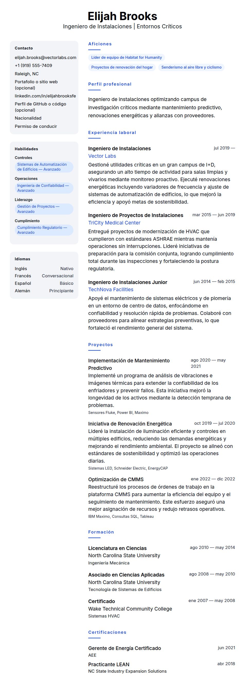 Vista previa del currículum Ejemplo de Currículum de Ingeniero de Instalaciones