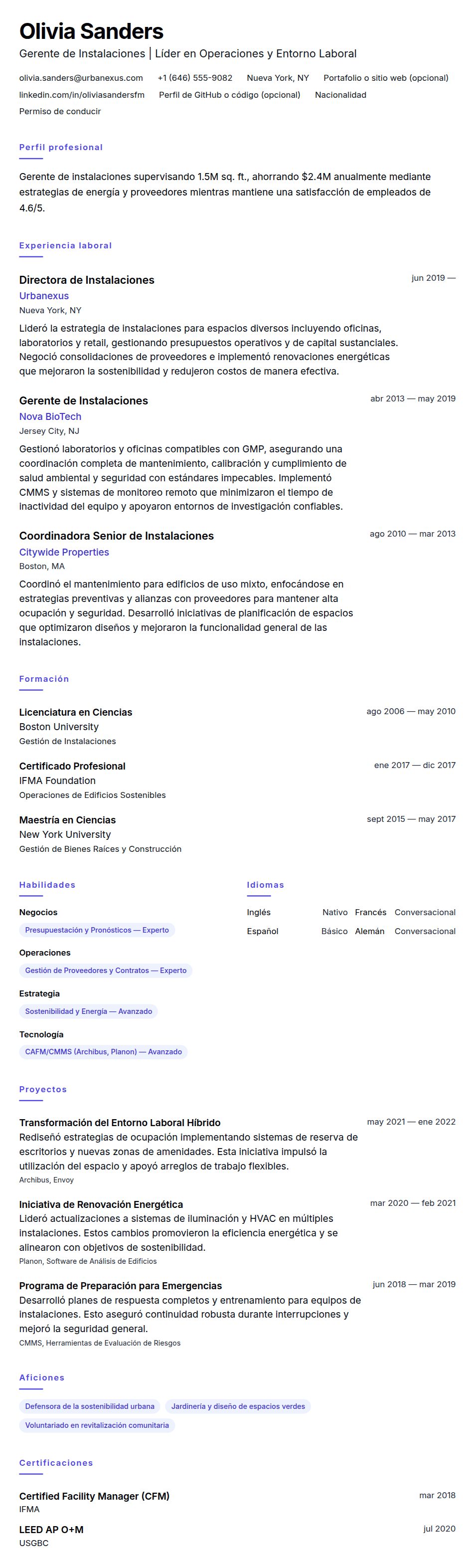 Vista previa del currículum Ejemplo de Currículum de Gerente de Instalaciones