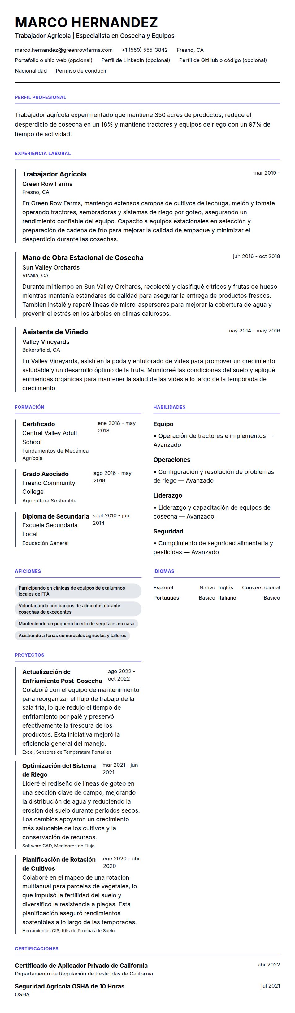 Vista previa del currículum Ejemplo de Currículum de Trabajador Agrícola