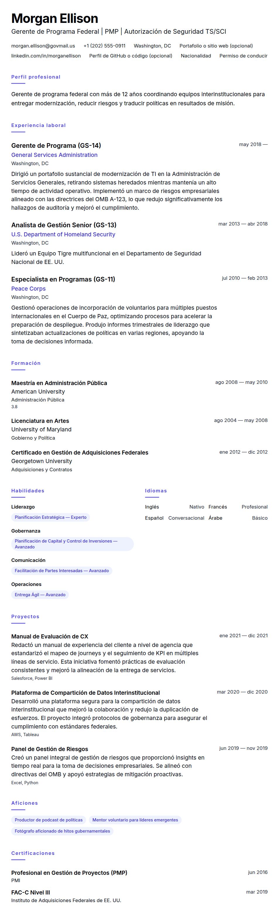 Ejemplo de Currículum de Empleado Federal
