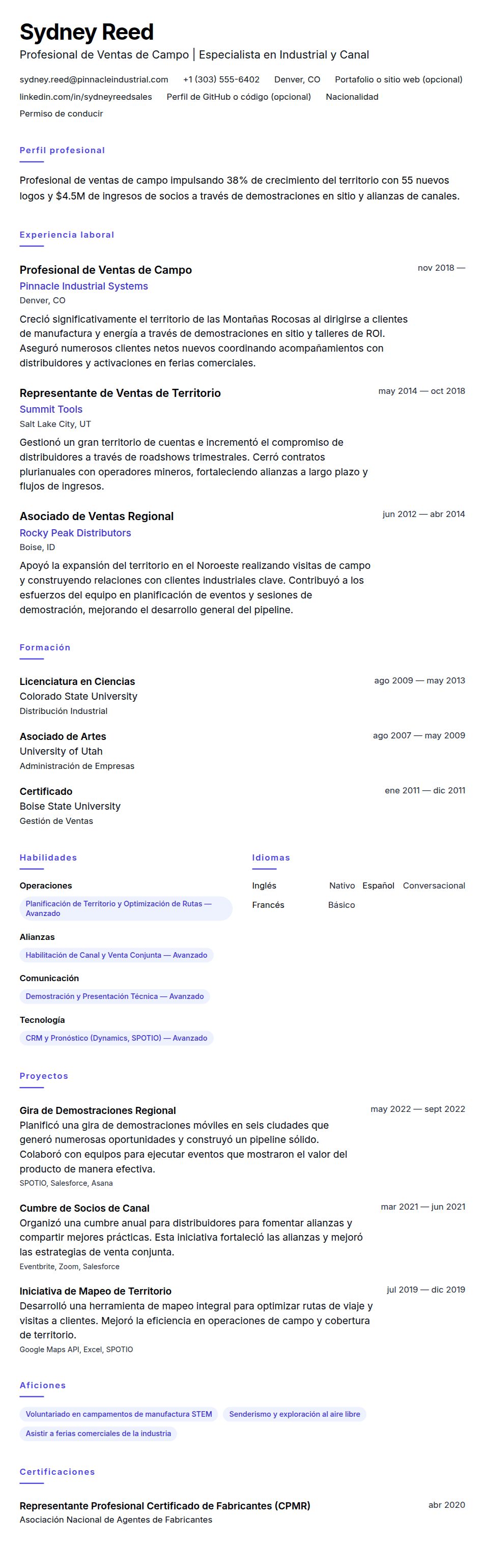 Ejemplo de Currículum de Profesional de Ventas de Campo