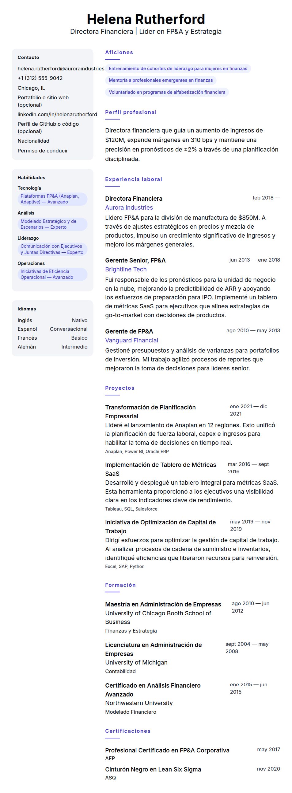 Ejemplo de Currículum de Director Financiero