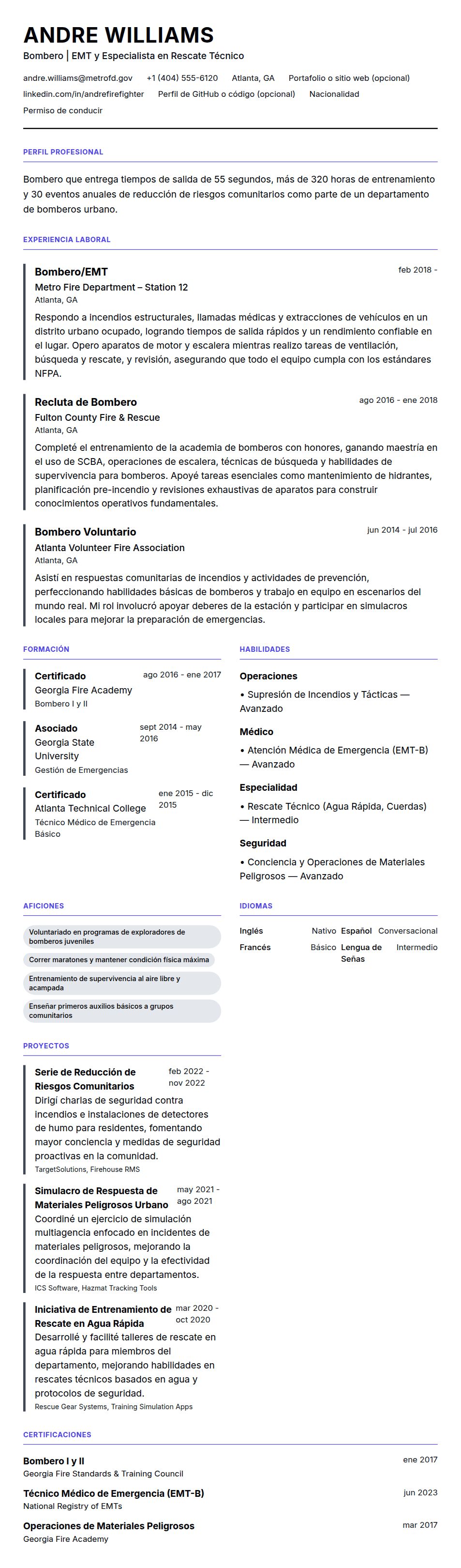 Ejemplo de Currículum de Bombero
