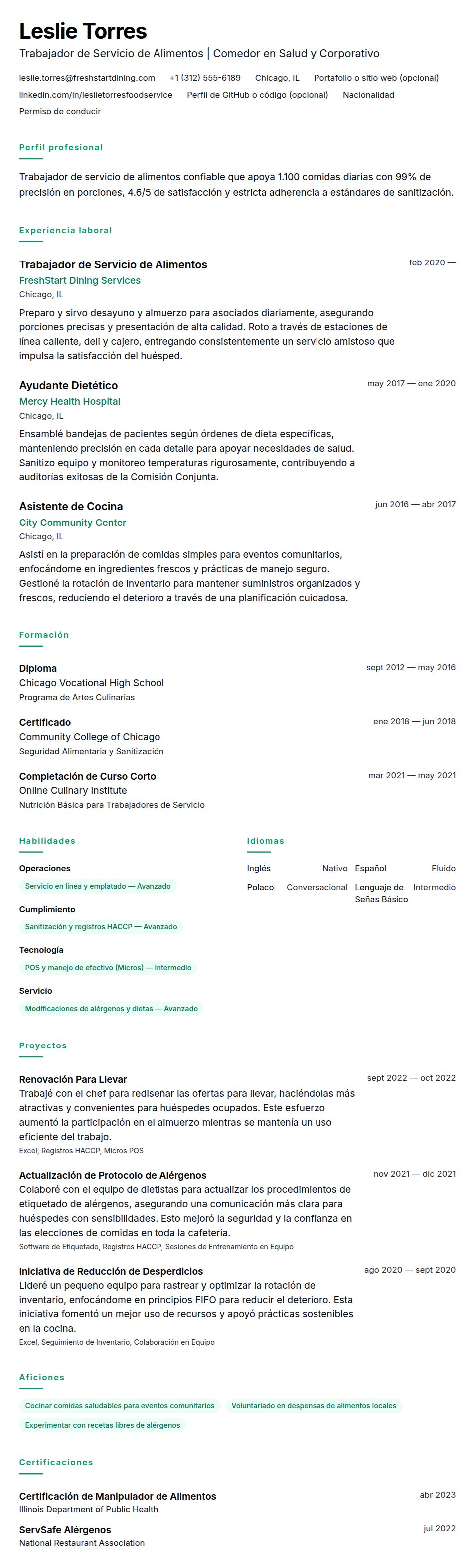 Vista previa del currículum Ejemplo de Currículum de Trabajador de Servicio de Alimentos