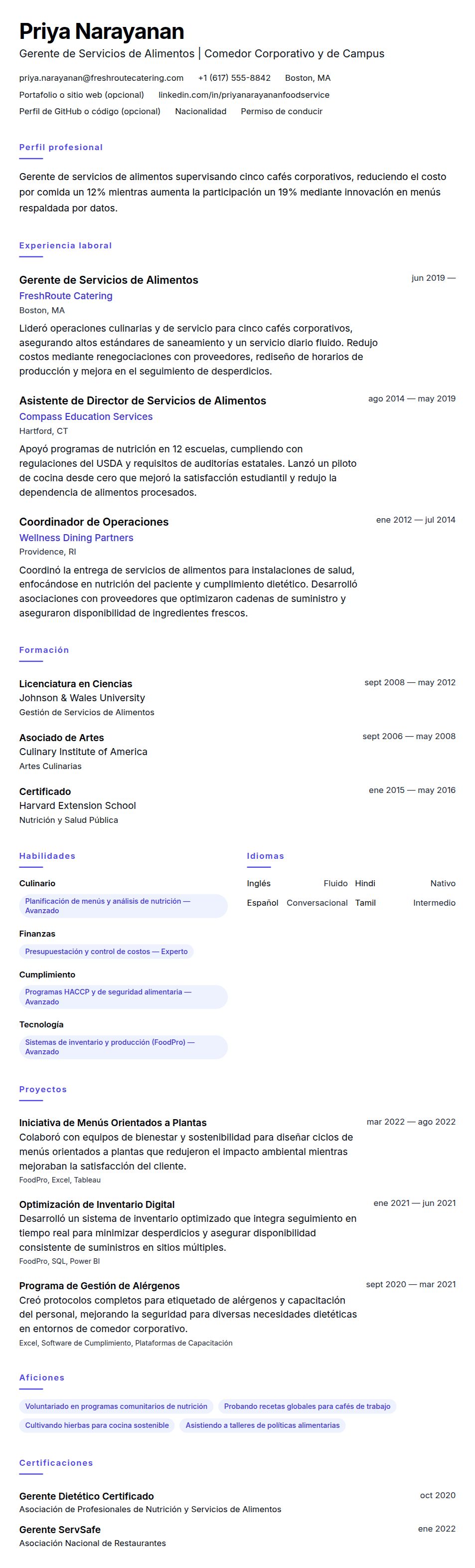 Vista previa del currículum Ejemplo de Currículum de Gerente de Servicios de Alimentos