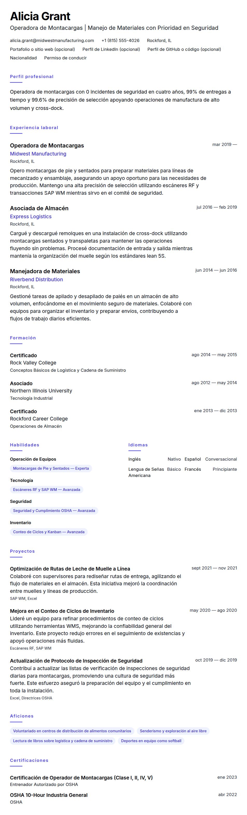 Ejemplo de Currículum de Operador de Montacargas