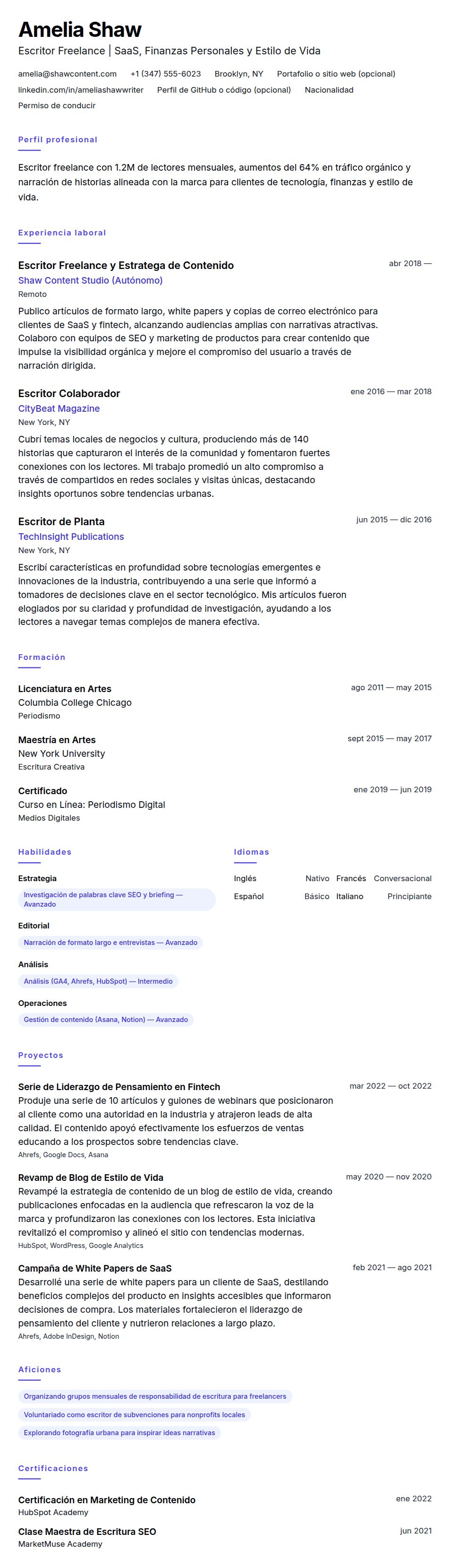 Vista previa del currículum Ejemplo de Currículum de Escritor Freelance