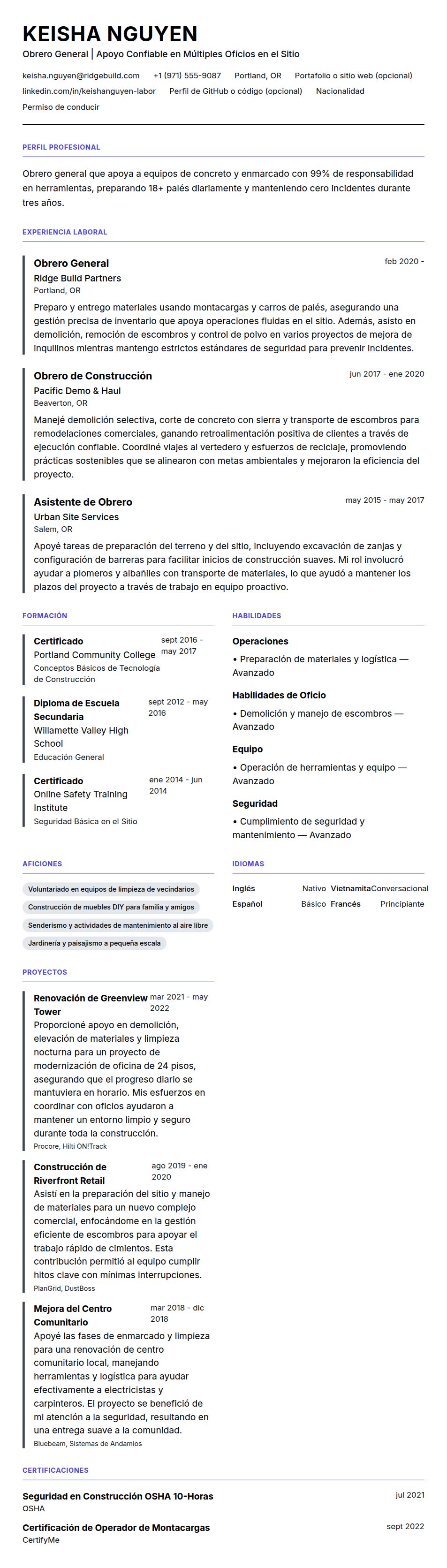 Ejemplo de Currículum de Obrero General