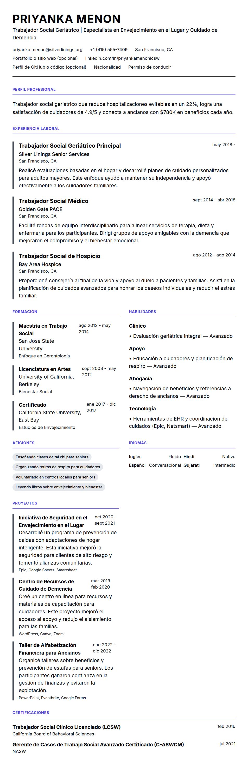 Vista previa del currículum Ejemplo de Currículum de Trabajador Social Geriátrico