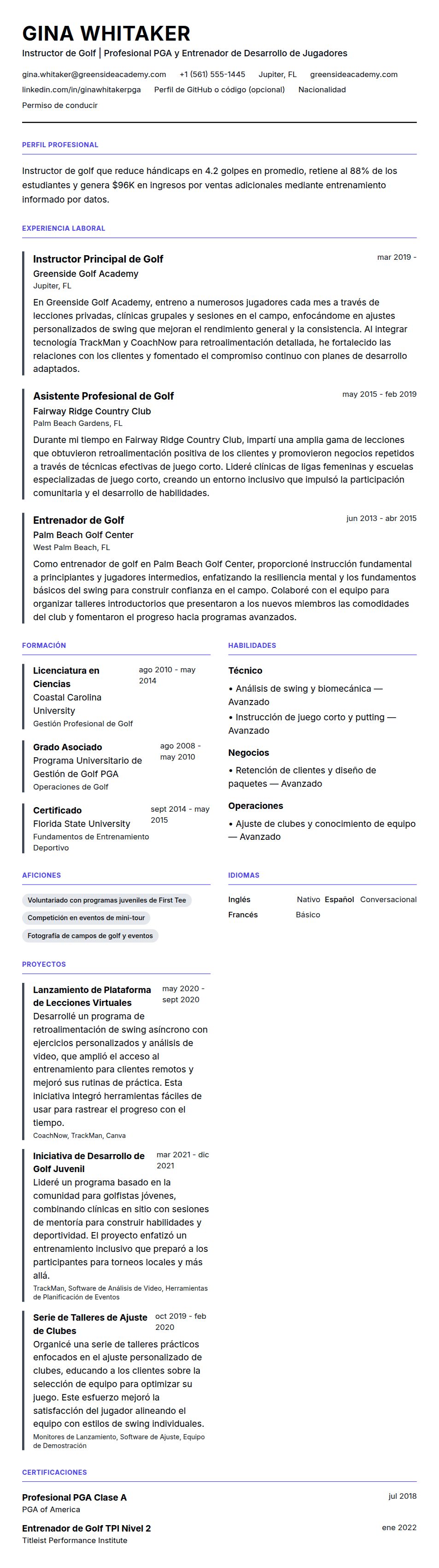 Vista previa del currículum Ejemplo de Currículum de Instructor de Golf