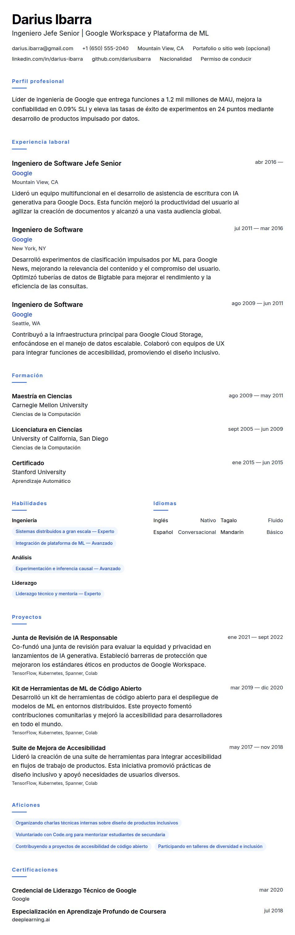 Vista previa del currículum Ejemplo de Currículum de Google