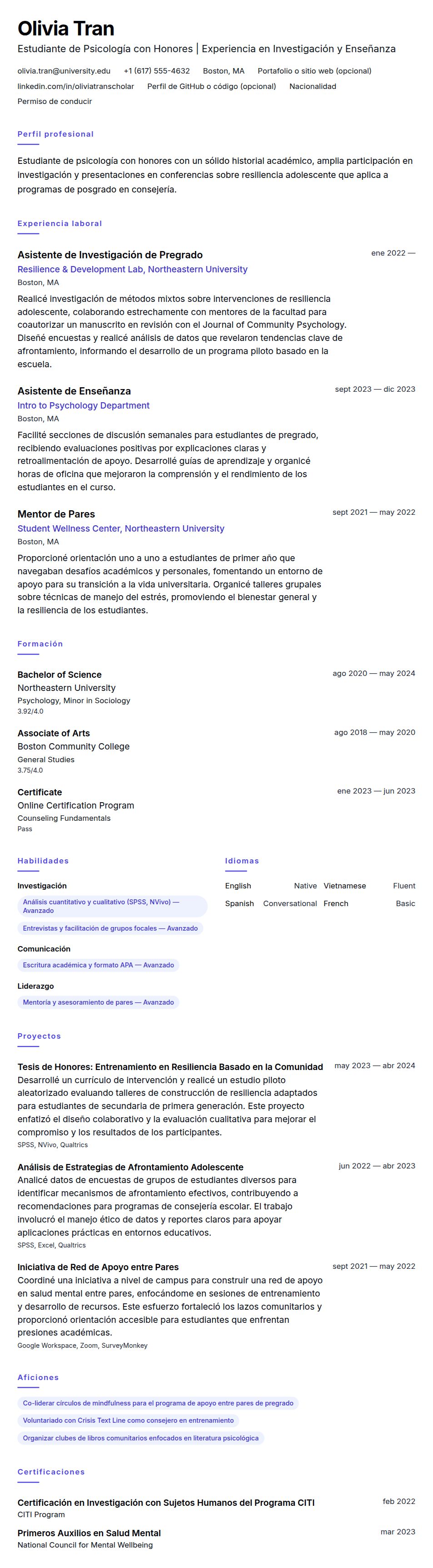 Vista previa del currículum Ejemplo de Currículum para Solicitante de Escuela de Posgrado