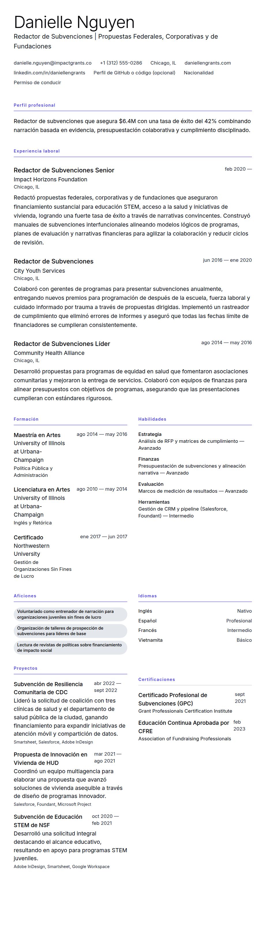 Vista previa del currículum Ejemplo de Currículum de Redactor de Subvenciones