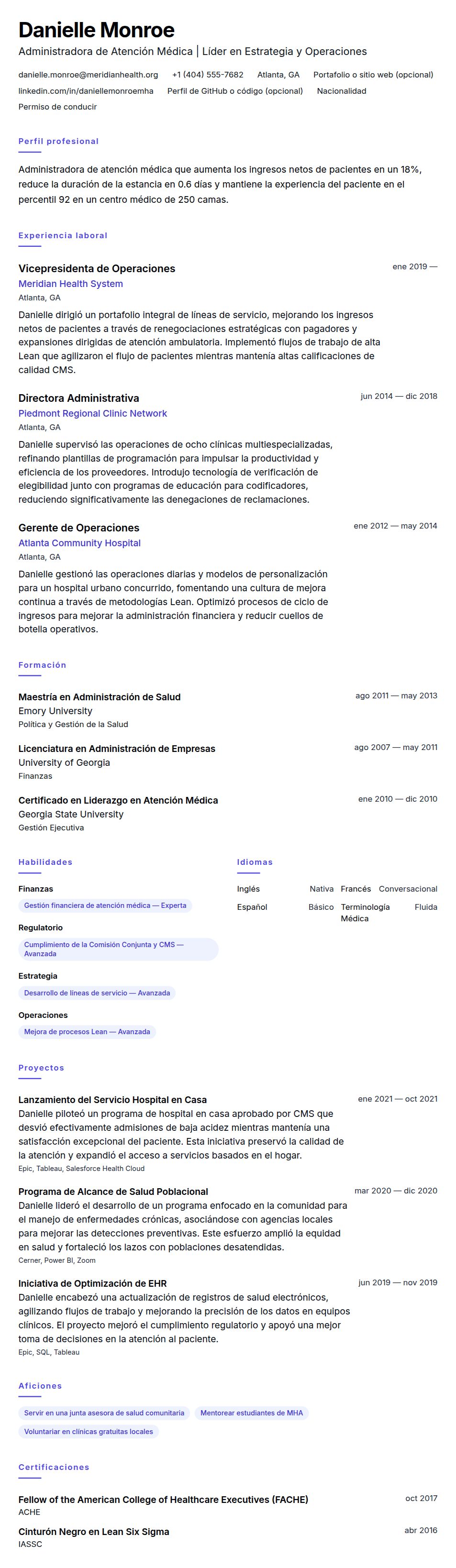Vista previa del currículum Ejemplo de Currículum de Administración de Atención Médica